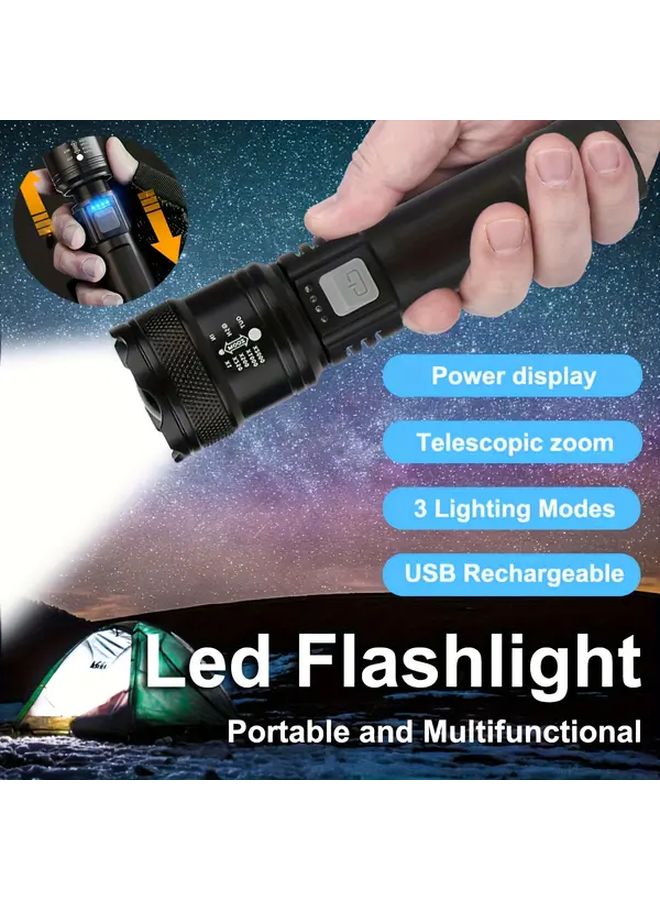مصباح يدوي أسود قابل لإعادة الشحن عبر USB، عالي الشدة، قابل لتعديل الزوم، 3 أوضاع، كشاف محمول - Image 1